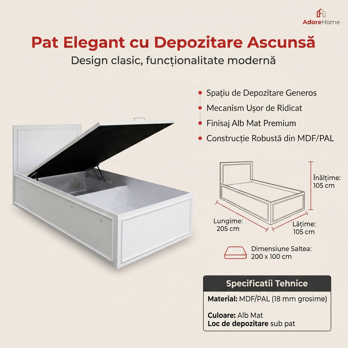 Pat de o persoana Adore Country cu loc de depozitare, Alb, 105x105x205 cm