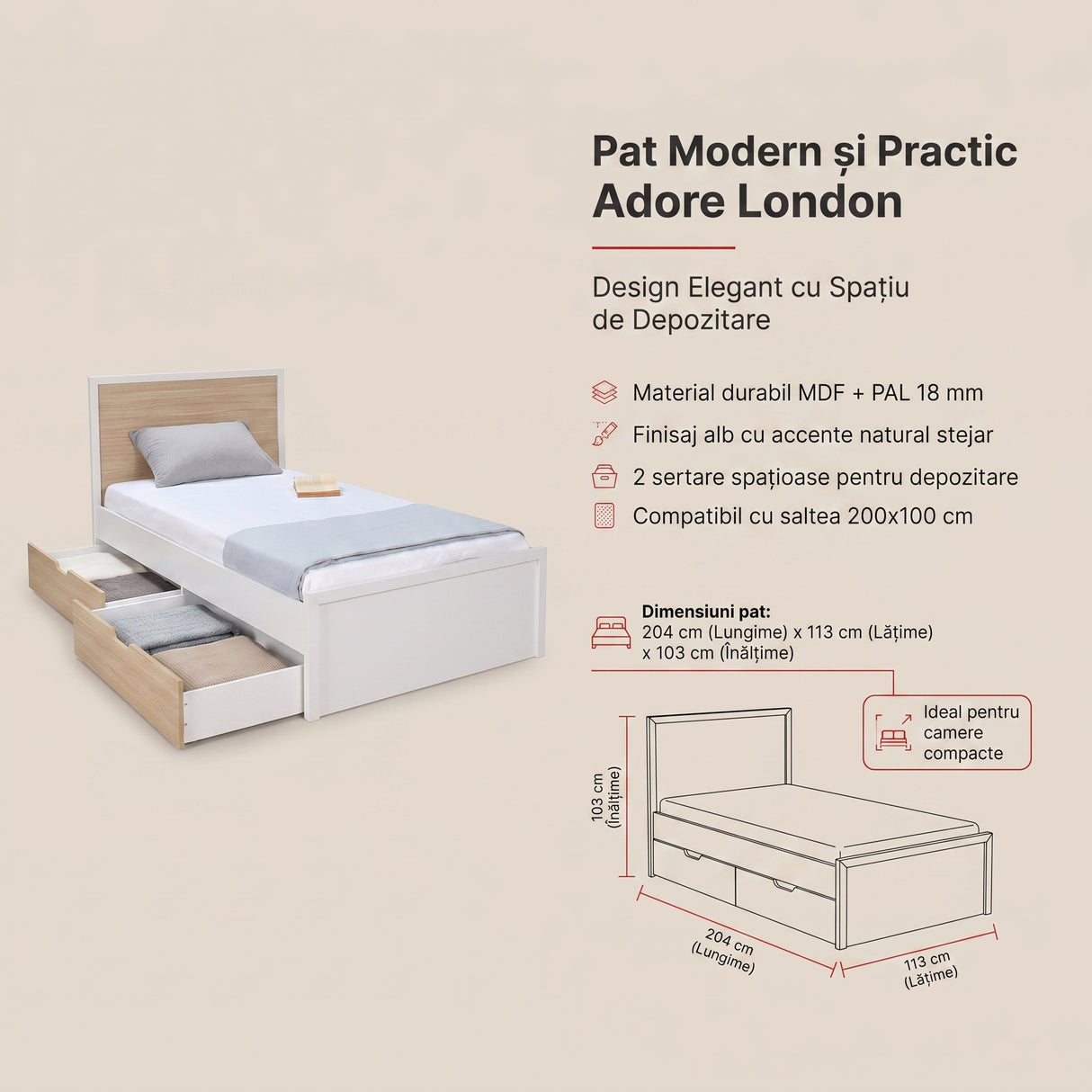 Pat de o persoana Adore London cu sertare, Alb, 113x103x204 cm