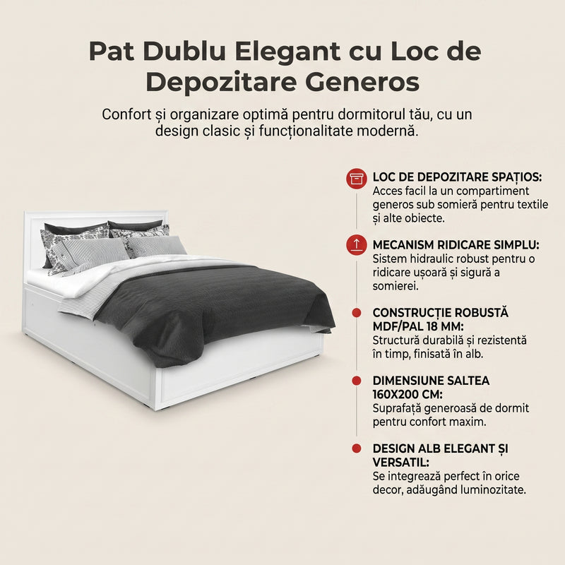 Pat dublu Adore Country cu loc de depozitare, Alb, 165x110x205 cm, detaliu produs