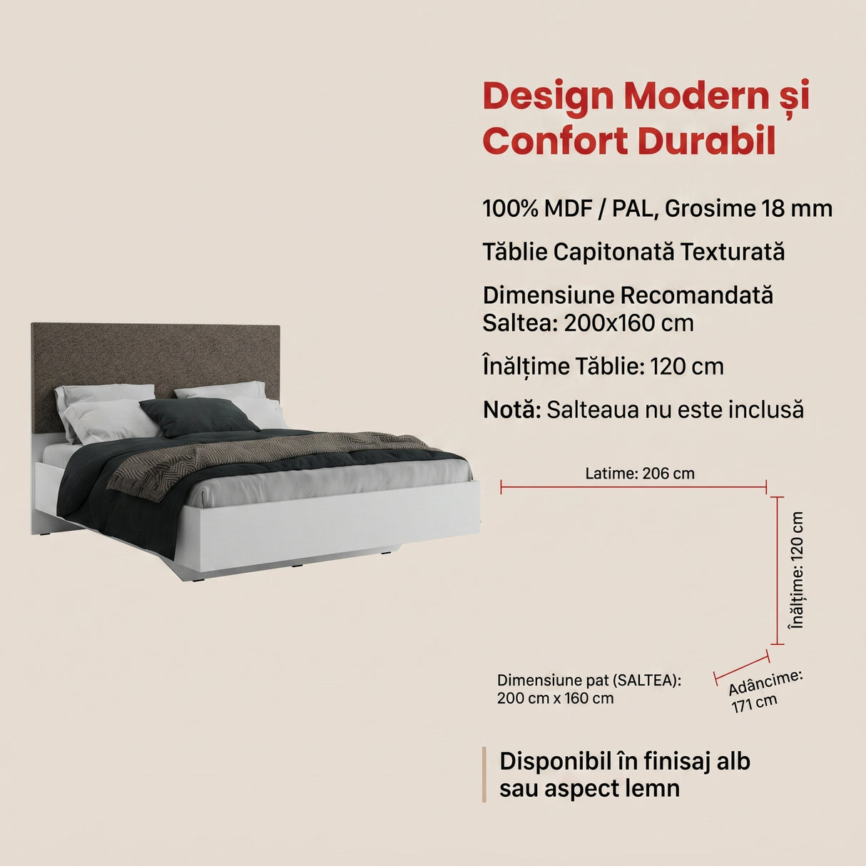 Pat dublu Adore Oryana, 171x120x206 cm - Alb