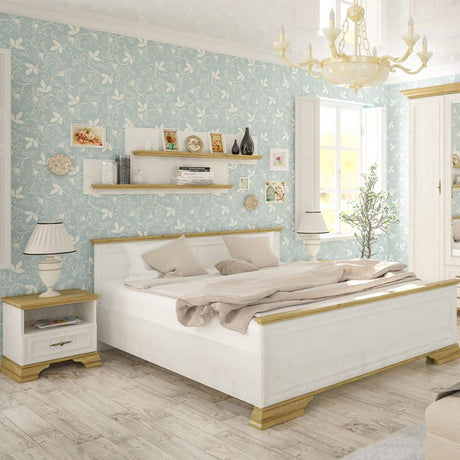 Pat dublu Jaden Stejar - Alb, 170x81x208 cm, Saltea, 160x200 cm