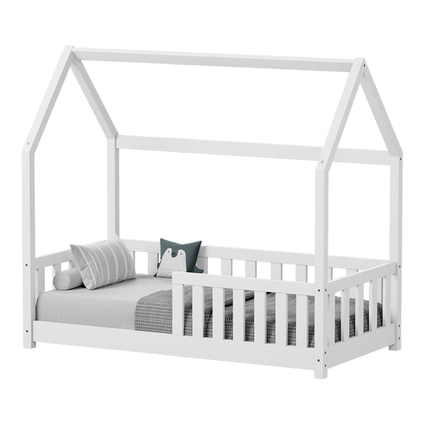 Pat pentru copii Bambie cu balustrada tip Montessori din lemn de pin, alba, 70x140 cm