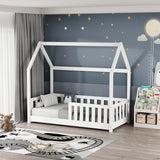 Pat pentru copii Bambie cu balustrada tip Montessori din lemn de pin, alba, 70x140 cm
