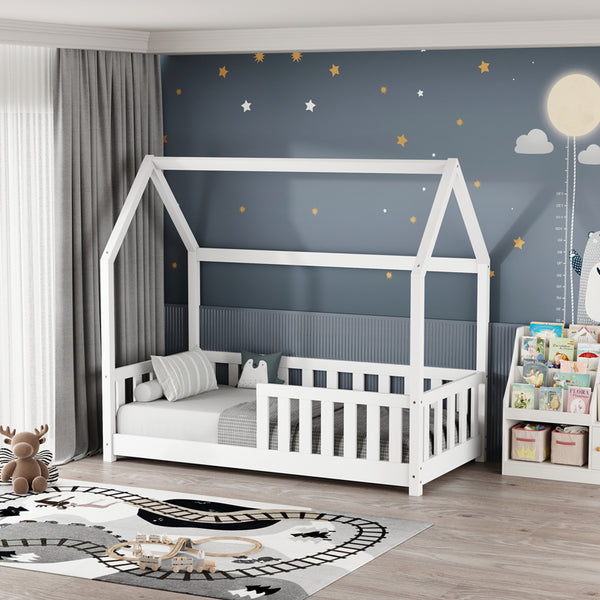 Pat pentru copii Bambie cu balustrada tip Montessori din lemn de pin, alba, 70x140 cm