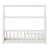 Pat pentru copii Bambie cu balustrada tip Montessori din lemn de pin, alba, 70x140 cm