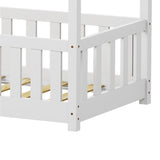 Pat pentru copii Bambie cu balustrada tip Montessori din lemn de pin, alba, 70x140 cm