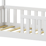 Pat pentru copii Bambie cu balustrada tip Montessori din lemn de pin, alba, 70x140 cm