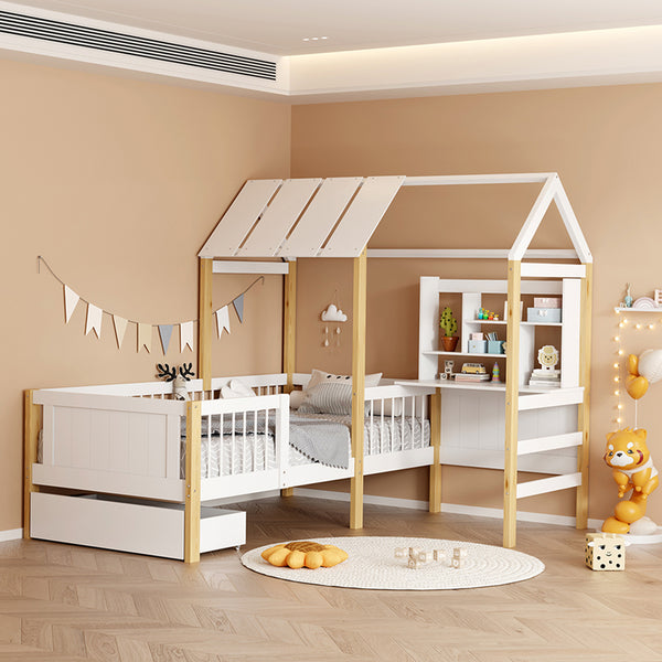 Pat pentru copii cu functie Montessori Bedria, Stil Montessori, Lemn, alb-Natural, 190x90 cm