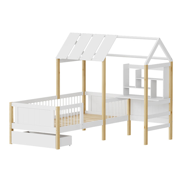 Pat pentru copii cu functie Montessori Bedria, Stil Montessori, Lemn, alb-Natural, 190x90 cm