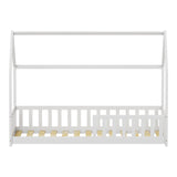 Pat pentru copii stil Montessori cu balustrade Callan, Lemn de pin, Alb, 90x190 cm