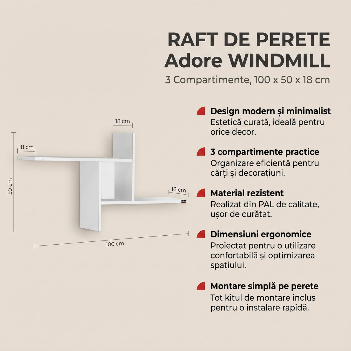 Raft de perete Adore Windmill cu 3 Compartimente, 100x50x18 cm - Alb
