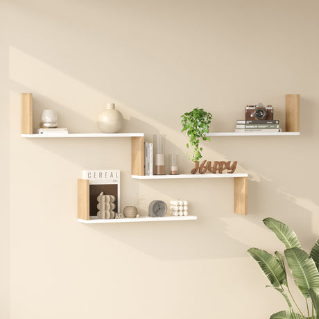 Raft de perete Wall shelf Flear alb cu stejar color, Alb - Stejar, 179x15x77 cm