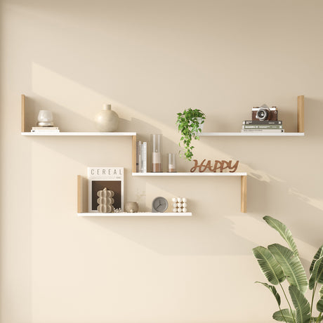 Raft de perete Wall shelf Flear alb cu stejar color, Alb - Stejar, 179x15x77 cm