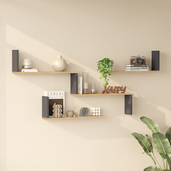 Raft de perete Wall shelf Flear stejar cu antracit color, Antracit - Stejar, 179x15x77 cm