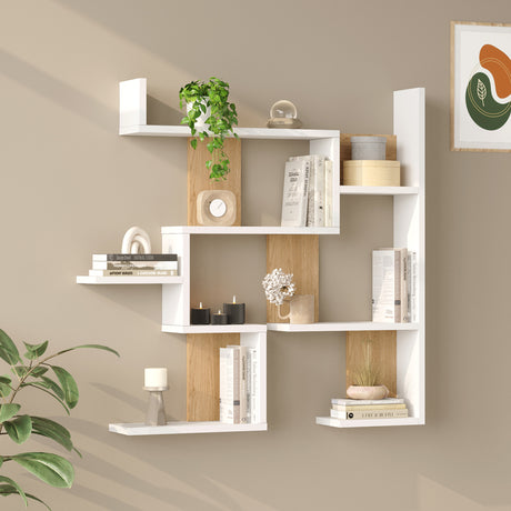 Raft de perete Wall shelf Maze alb cu stejar color, Alb - Stejar, 94x15x90 cm