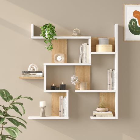 Raft de perete Wall shelf Maze alb cu stejar color, Alb - Stejar, 94x15x90 cm