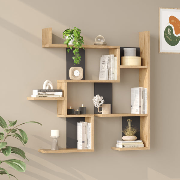 Raft de perete Wall shelf Maze stejar cu antracit color, Stejar - Antracit, 94x15x90 cm