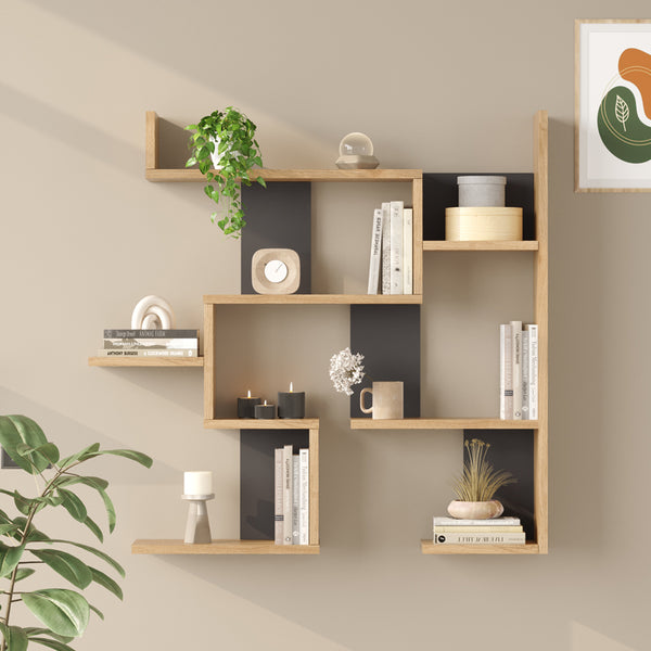 Raft de perete Wall shelf Maze stejar cu antracit color, Stejar - Antracit, 94x15x90 cm