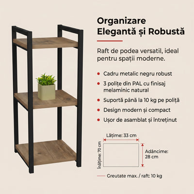 Raft de podea Negru metal, Natural, 33x28x70 cm, detaliu produs