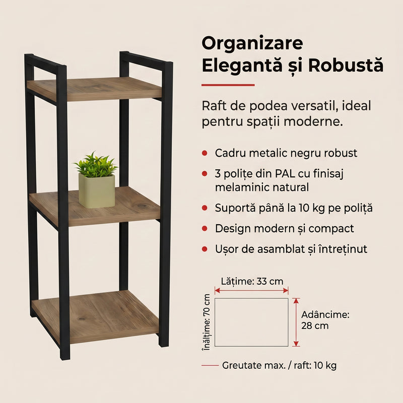 Raft de podea Negru metal, Natural, 33x28x70 cm, detaliu produs
