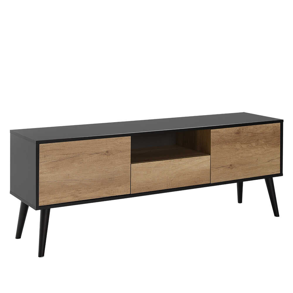 Comoda TV Adore Retro Plus, Negru - Stejar, 160 x 58 x 41 cm