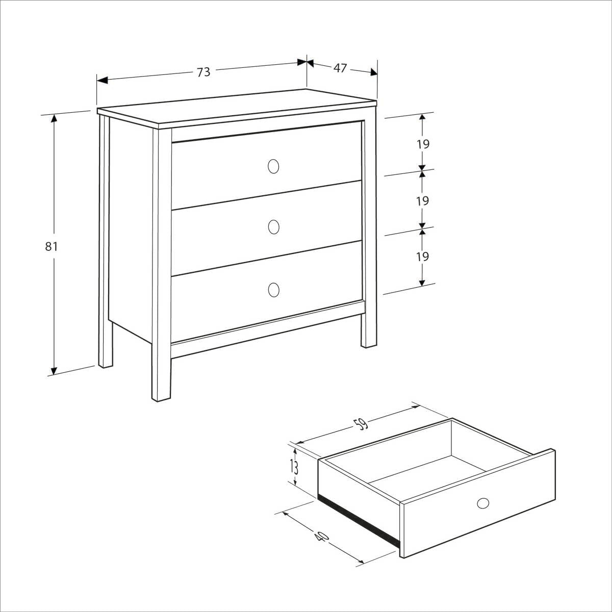 Comoda Adore Rustic, 3 sertare, Alb, 73 x 81 x 47 cm