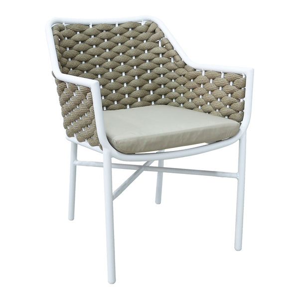 Scaun cu brate din aluminiu Ortegia, cu cadru alb si sfoara kaki, 57x62x82 cm