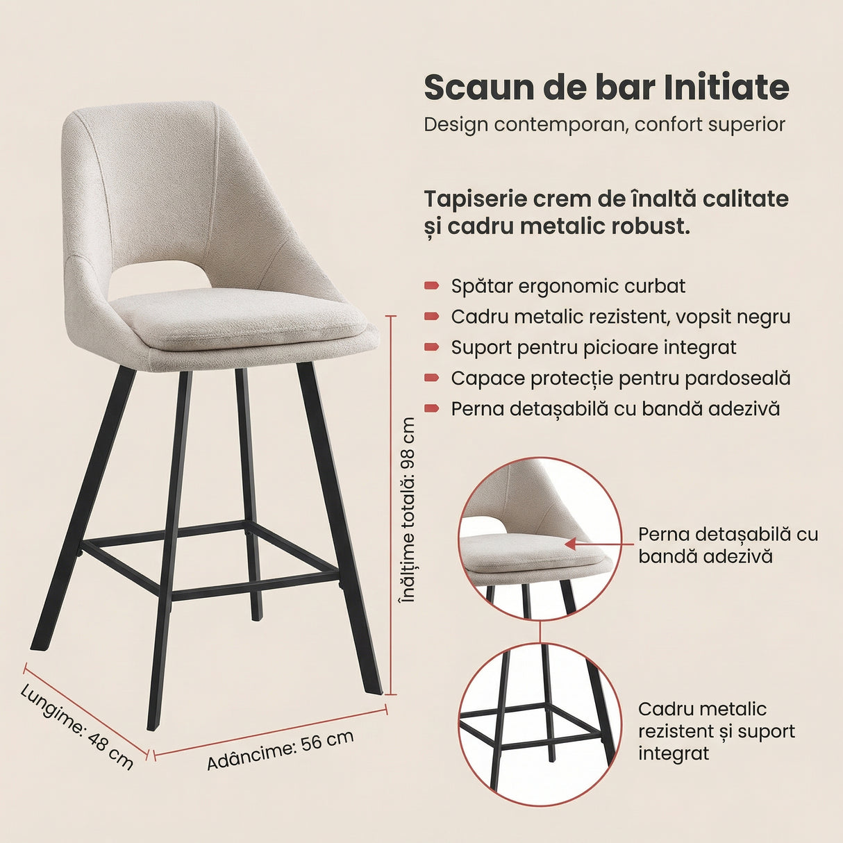 Scaun de bar Initiate, 48x56x98 cm - Crem