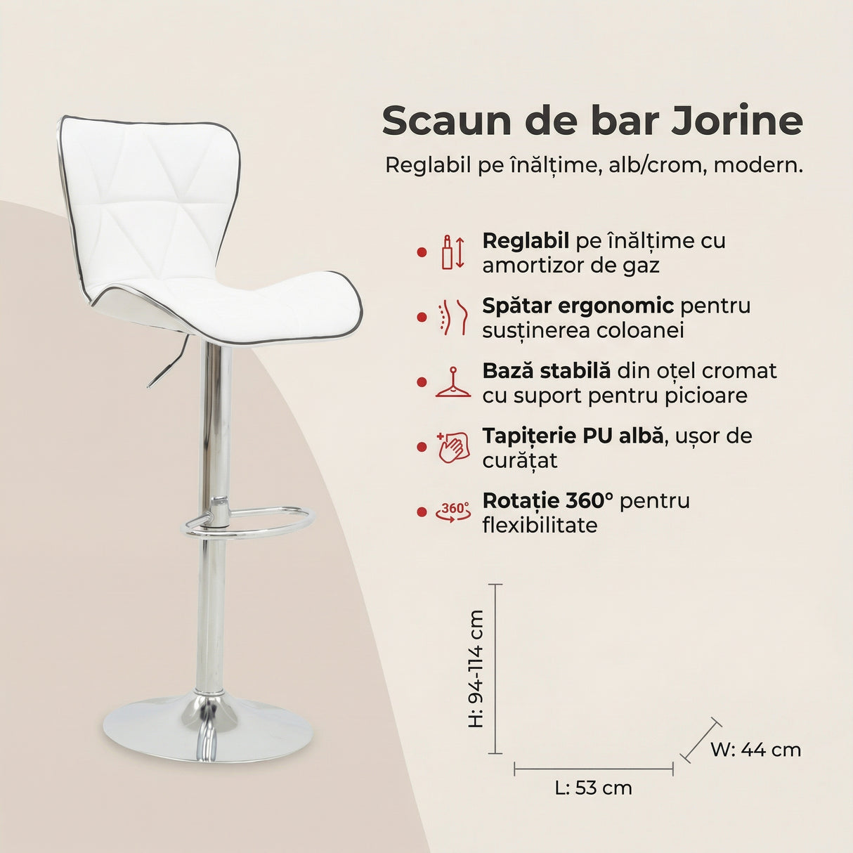 Scaun de bar Jorine reglabil pe inaltime baza alb pu-crom, 53x44x114 cm - Alb
