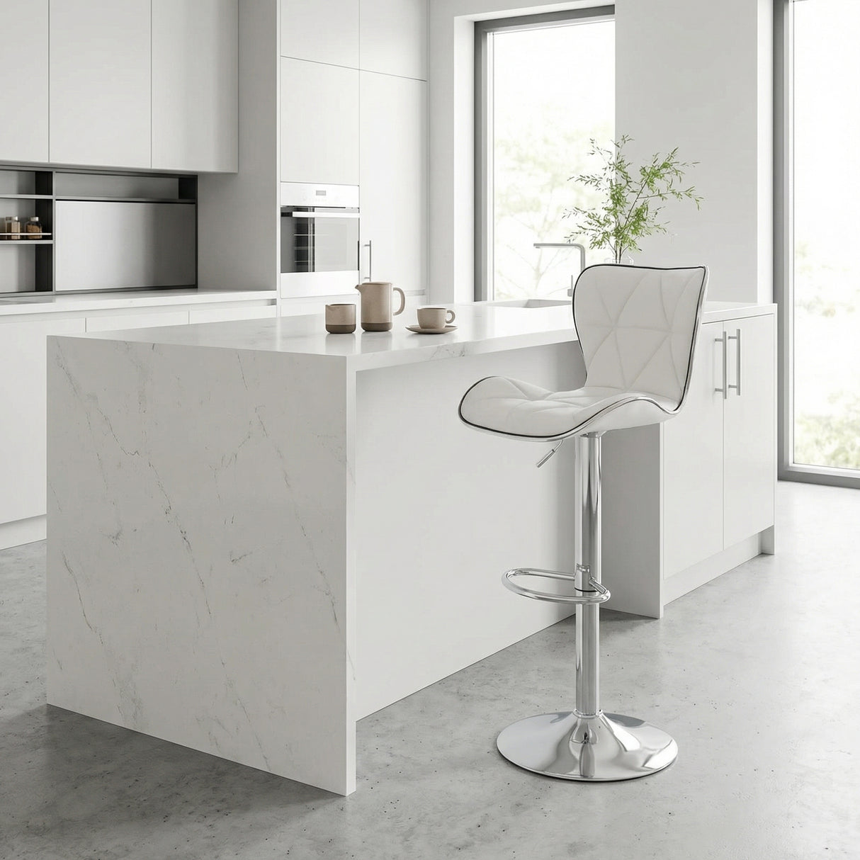 Scaun de bar Jorine reglabil pe inaltime baza alb pu-crom, 53x44x114 cm - Alb