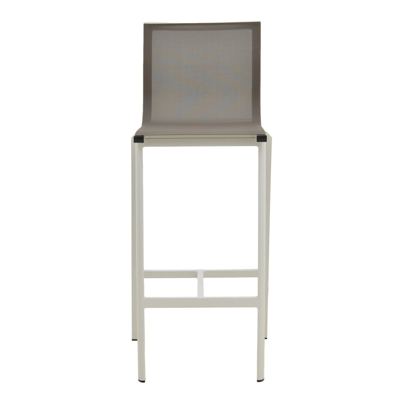 Scaun de bar stivuibil cu structură din aluminiu Melina, textil, alb și gri, 57x52x106 cm