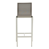 Scaun de bar stivuibil cu structură din aluminiu Melina, textil, alb și gri, 57x52x106 cm