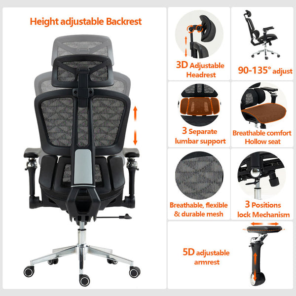 Scaun de birou ergonomic Jeffer, Mesh, Negru, 67x62x115-125 cm