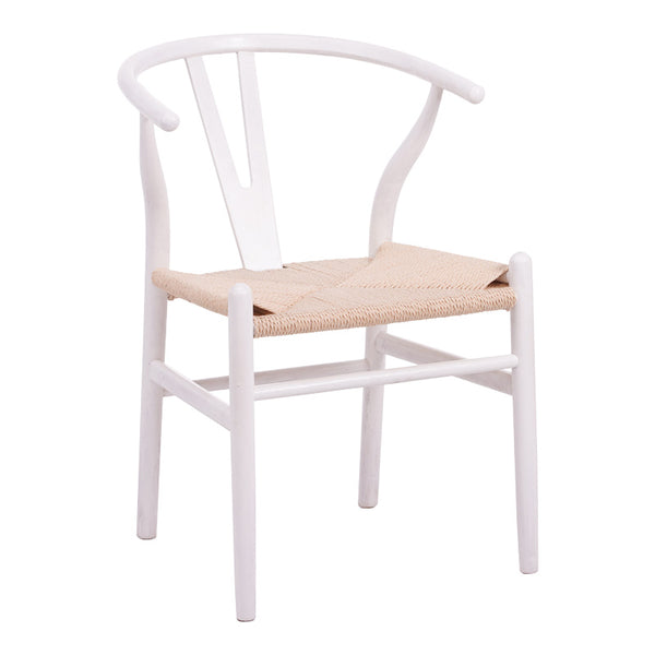 Scaun tip Wishbone, lemn de arbore de cauciuc și frânghie, alb, 53x57x74 cm