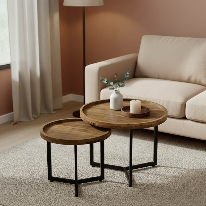 Set 2 mese de cafea Kelly, Lemn de Mango, variate, Naturală-Neagră, 50x50x40 cm