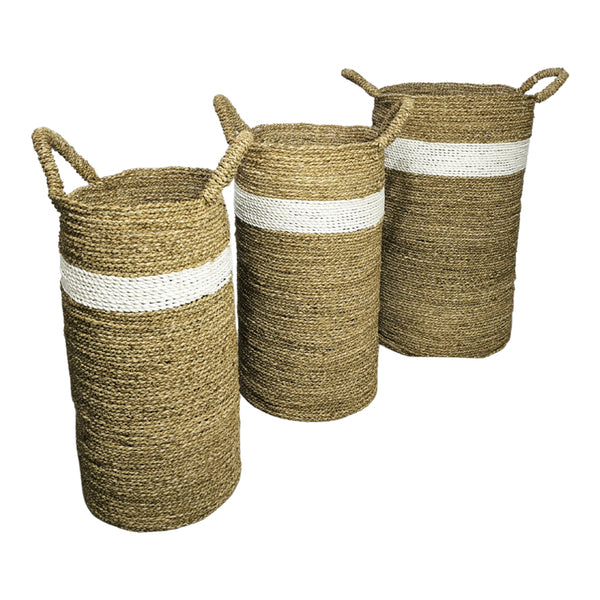 Set 3 Coșuri Decorative Fesia, Seagrass, Culori Naturale-Alb, Variate, 38x38x60 cm