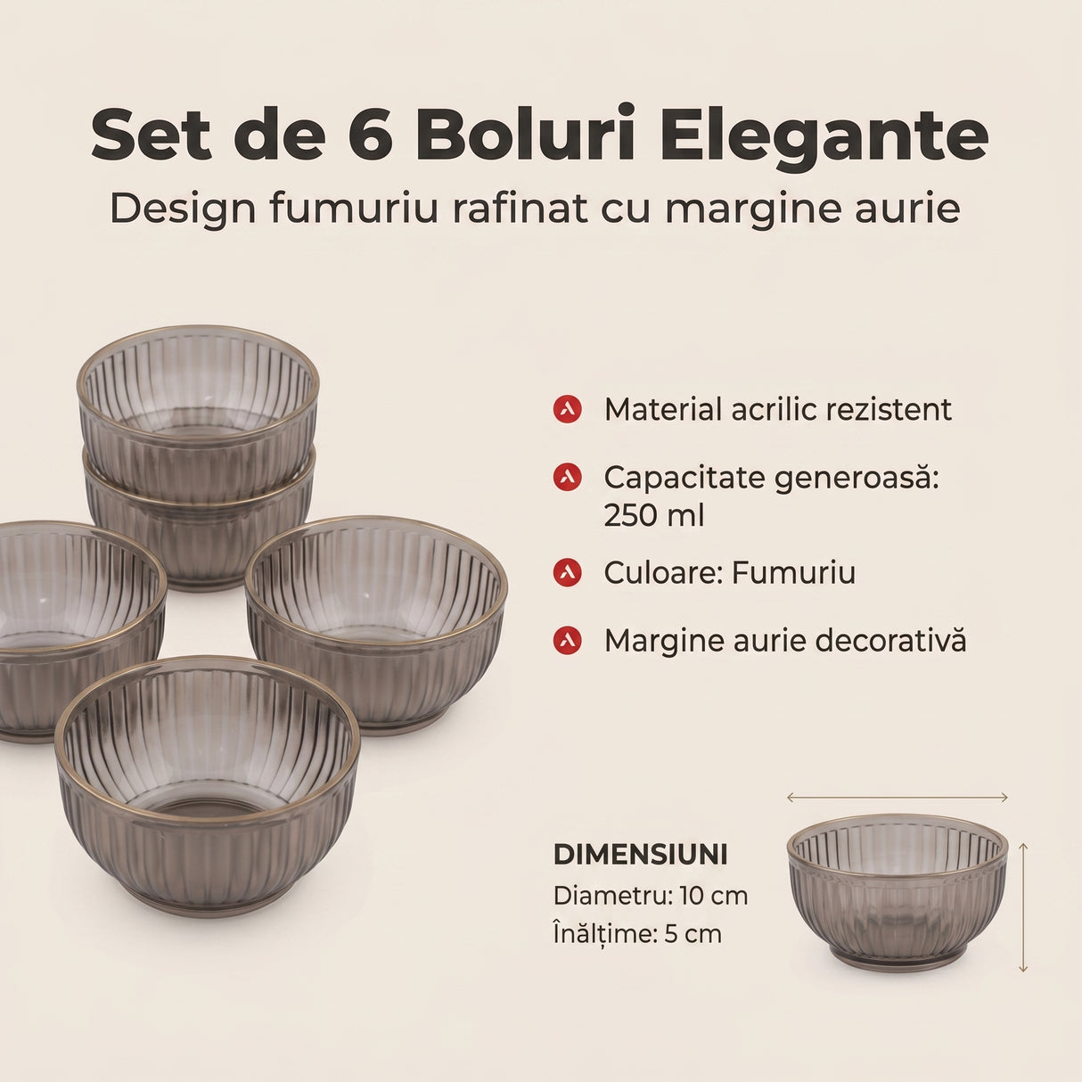 Set 6 boluri, Fumuriu, 10x10x5 cm