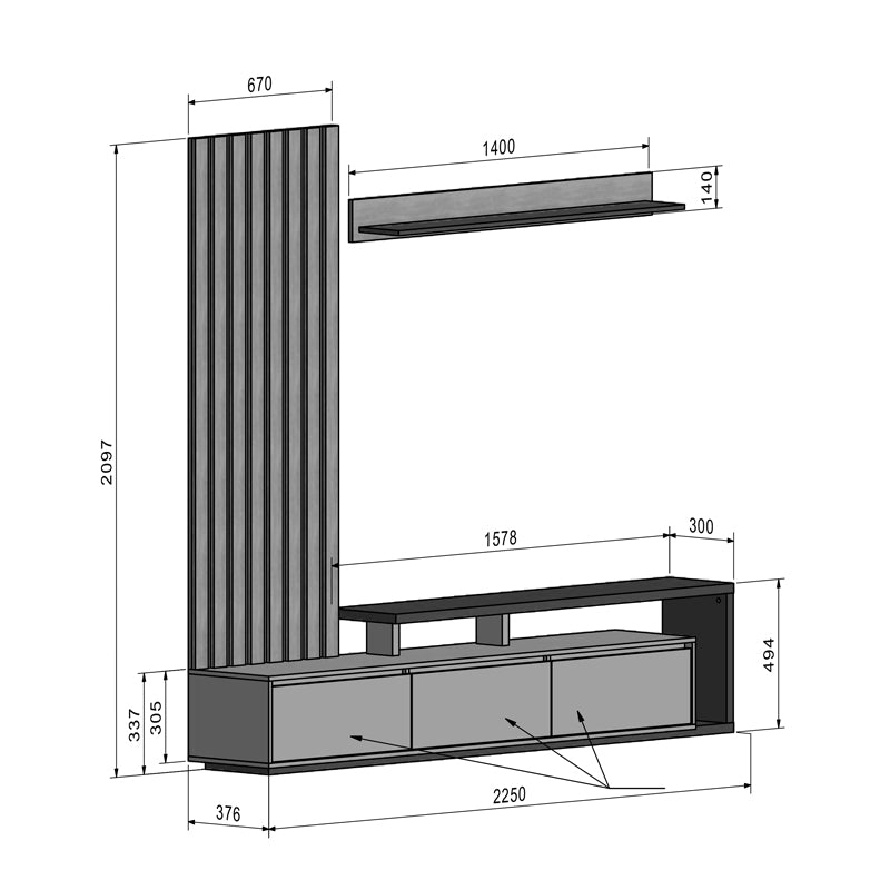 Set Comoda Tv Claironse cu Riflaj, Diverse Culori, Stejar, 225x38x210 cm