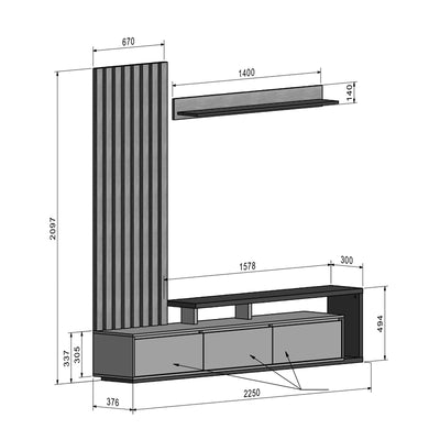 Set Comoda Tv Claironse cu Riflaj, Diverse Culori, Stejar, 225x38x210 cm, detaliu produs