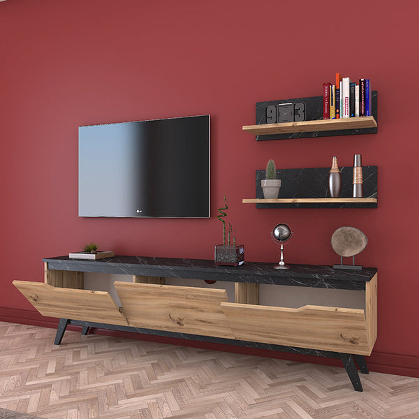 Set Comoda TV Kasia, Stejar-Negru, 180x35x49 cm