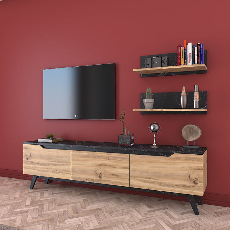 Set Comoda TV Kasia, Stejar-Negru, 180x35x49 cm