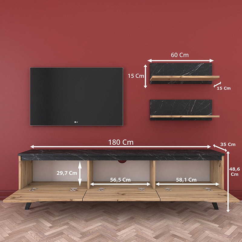 Set Comoda TV Kasia, Stejar-Negru, 180x35x49 cm