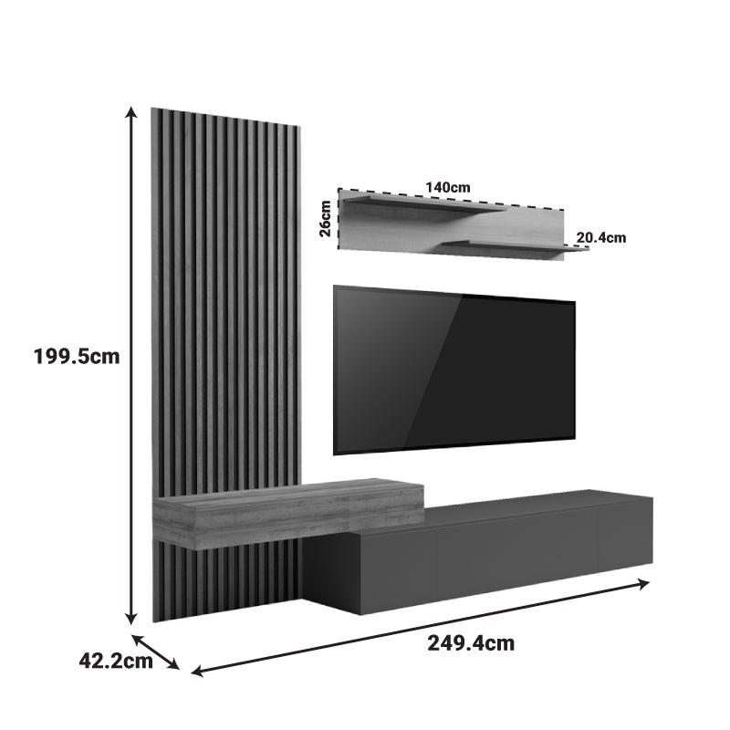 Set Comoda Tv Litende cu Riflaj, antracit-stejar, 249x42x199 cm, foto produs 7