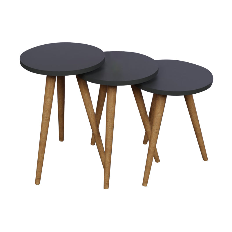 Set de 3 buc masute laterale Perjene melamina antracit cu picioare din lemn, 36x36x45 cm, imagine suplimentara