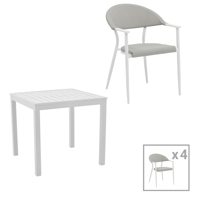 Set de 5 buc masa si scaune de gradina Kliton Pino aluminiu, alb, 80x80x74 cm
