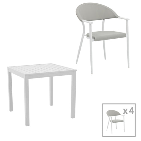 Set de 5 buc masa si scaune de gradina Kliton Pino aluminiu, alb, 80x80x74 cm