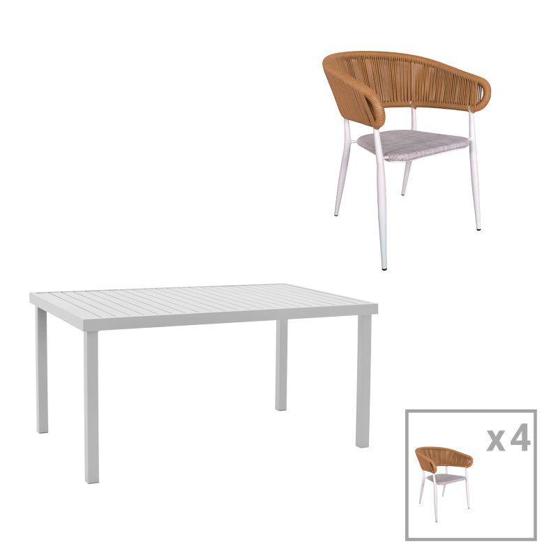 Set de 5 buc masa si scaune de gradina Kliton-Raven aluminiu, alb, 150x80x74 cm