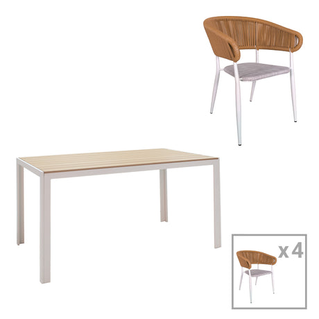 Set de 5 buc masa si scaune de gradina Nares-Raven aluminiu alb si placaj, Natural, 140x80x72 cm