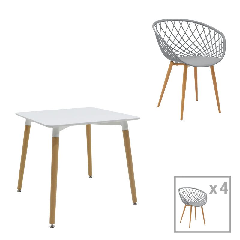 Set de 5 buc masa si scaune Ezra-Natali, Gri-alb cu picioare Naturale, 80x80x76 cm