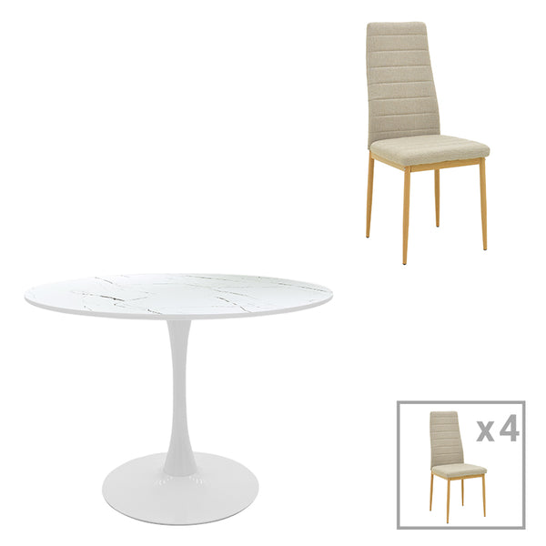 Set de 5 Piese Masa de Dining Rotunda cu Functie Balou-Parker/metal, Diametru 100cm x Înaltime 73cm, Alb-Bej, 100x100x73 cm